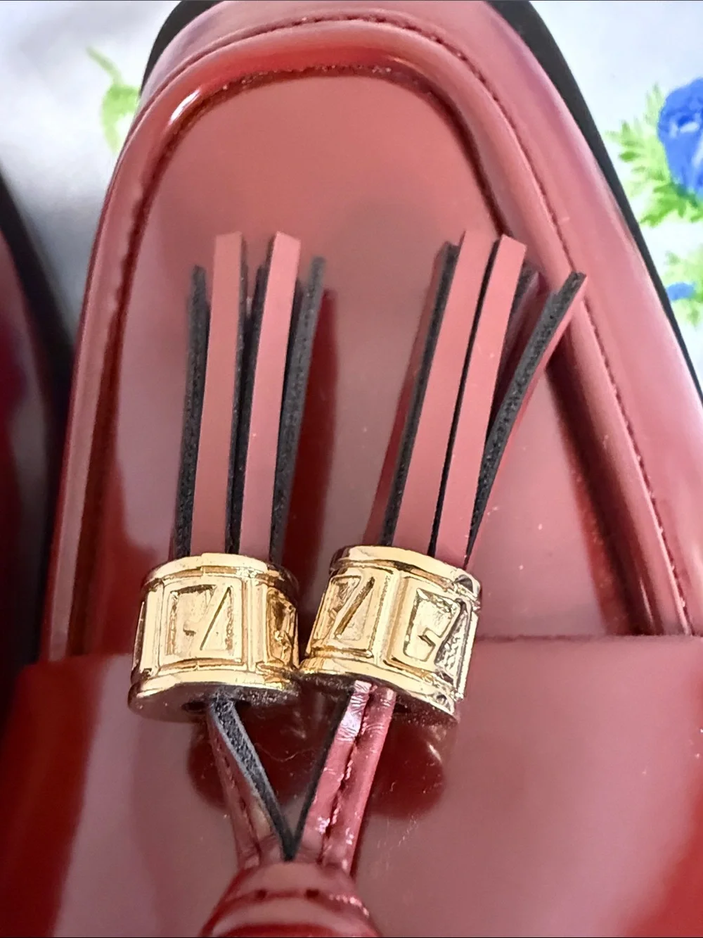 Franco Sarto Burgundy Patent Look Tassel Loafers with Gold Detail